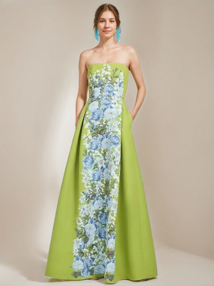 A-line/Princess Elegant Strapless Sleeveless Floor-Length Printed Floral Prom Dresses