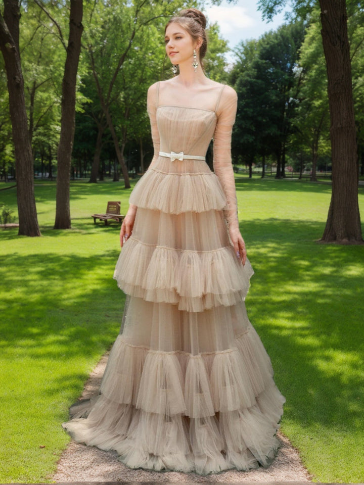 A-line/Princess Square Neck Long Sleeves Tiered Prom Dresses with Bow Sash & Pleats