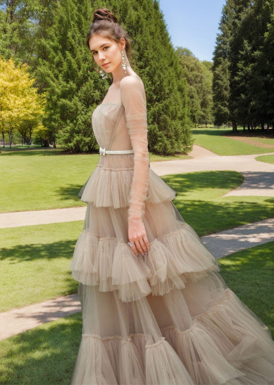 A-line/Princess Square Neck Long Sleeves Tiered Prom Dresses with Bow Sash & Pleats