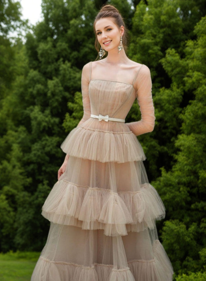 A-line/Princess Square Neck Long Sleeves Tiered Prom Dresses with Bow Sash & Pleats