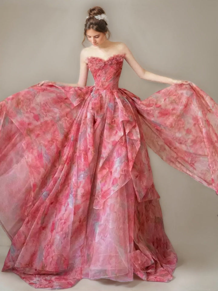 A-line/Princess Strapless Sleeveless Printed Floral Ruched Asymmetrical Prom Dresses with Ruffles & Appliques