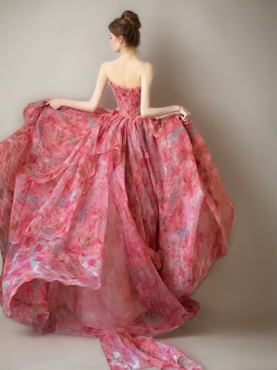 A-line/Princess Strapless Sleeveless Printed Floral Ruched Asymmetrical Prom Dresses with Ruffles & Appliques