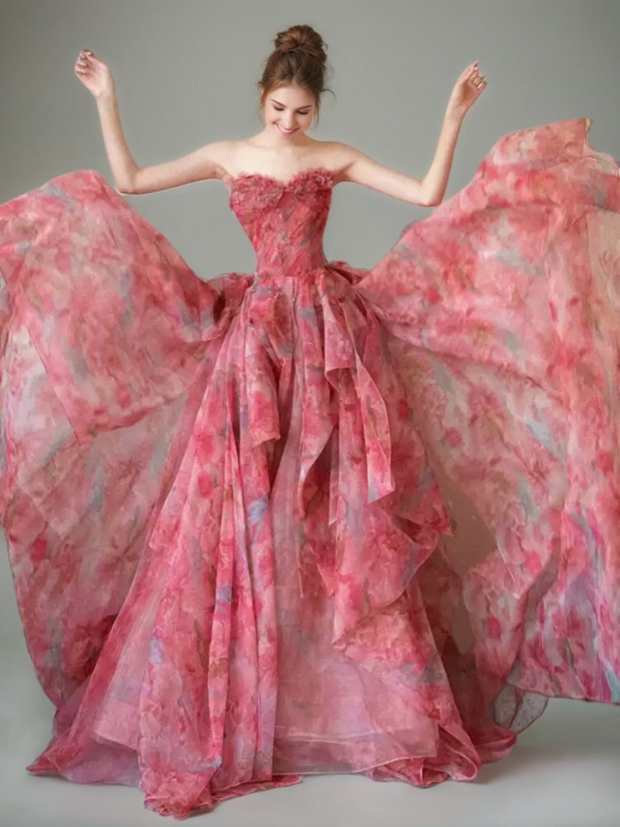 A-line/Princess Strapless Sleeveless Printed Floral Ruched Asymmetrical Prom Dresses with Ruffles & Appliques