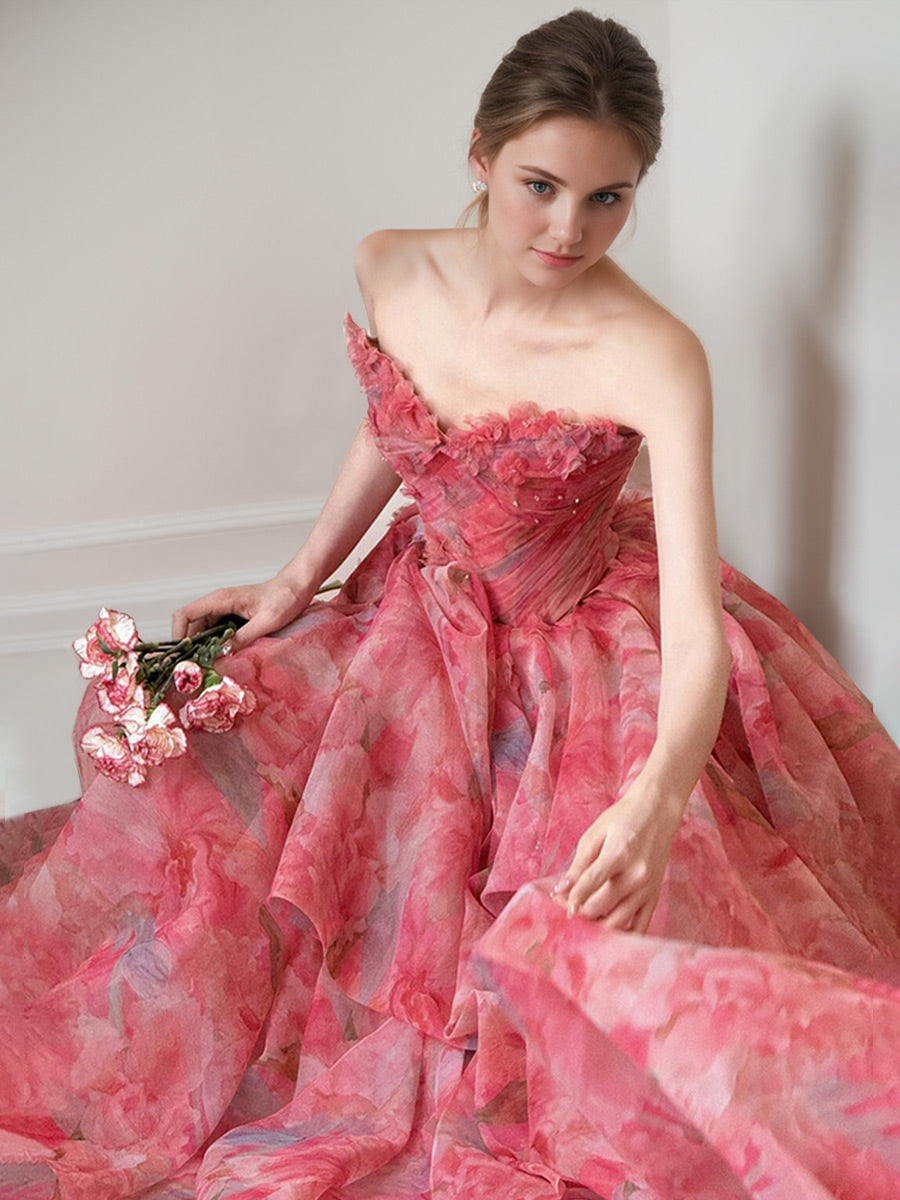 A-line/Princess Strapless Sleeveless Printed Floral Ruched Asymmetrical Prom Dresses with Ruffles & Appliques