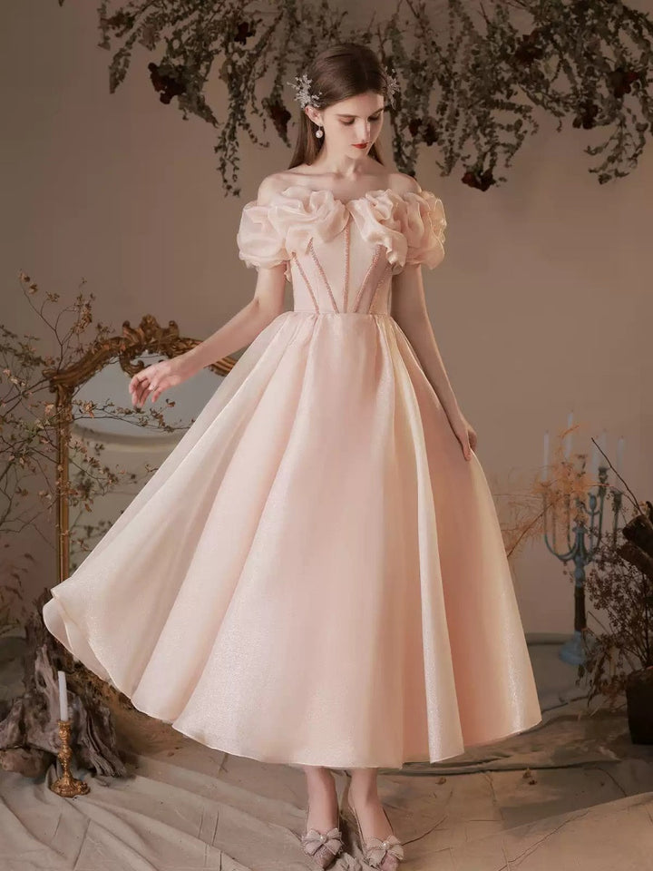 A-line/Princess Off-the-shoulder Beaded Ankle-Length Ruffled Sleeves Cocktail Dresses with Pleats & Lace-up