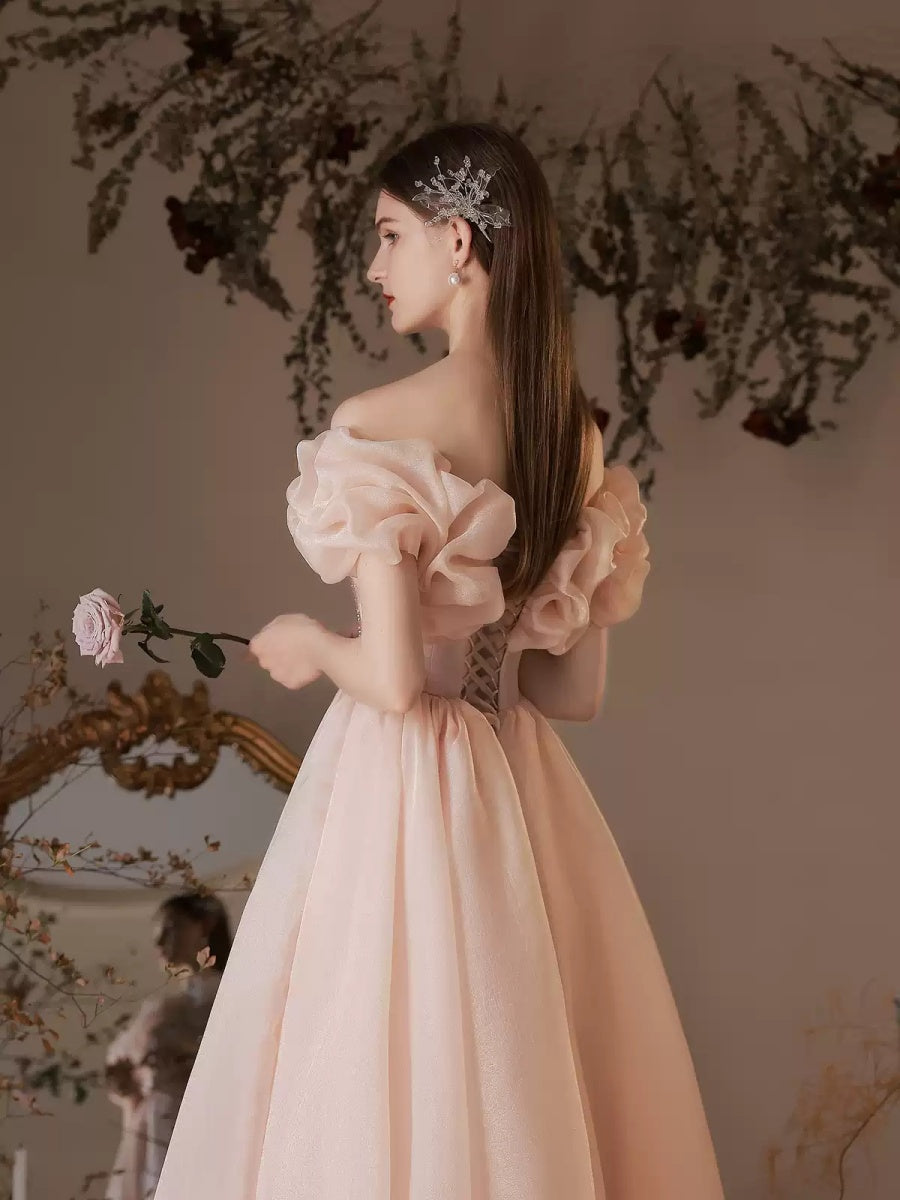 A-line/Princess Off-the-shoulder Beaded Ankle-Length Ruffled Sleeves Cocktail Dresses with Pleats & Lace-up