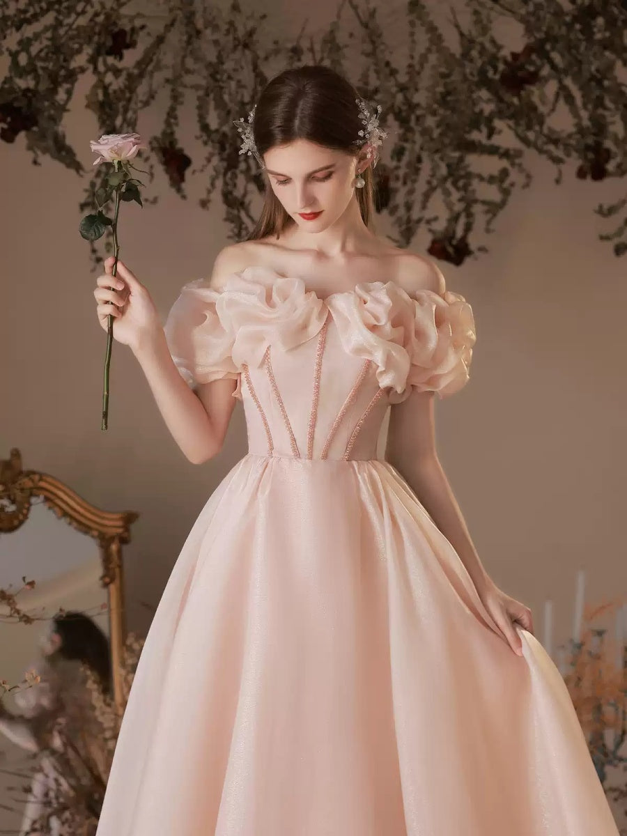 A-line/Princess Off-the-shoulder Beaded Ankle-Length Ruffled Sleeves Cocktail Dresses with Pleats & Lace-up