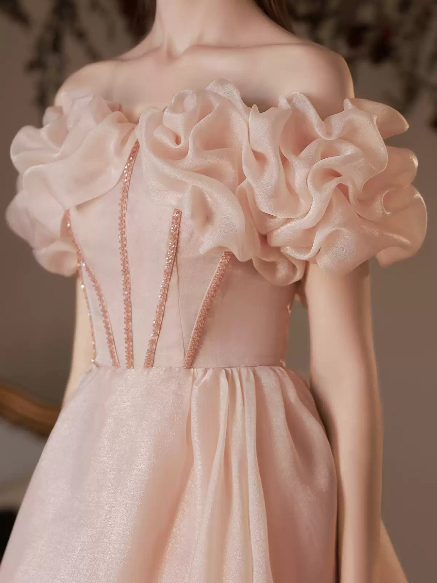A-line/Princess Off-the-shoulder Beaded Ankle-Length Ruffled Sleeves Cocktail Dresses with Pleats & Lace-up