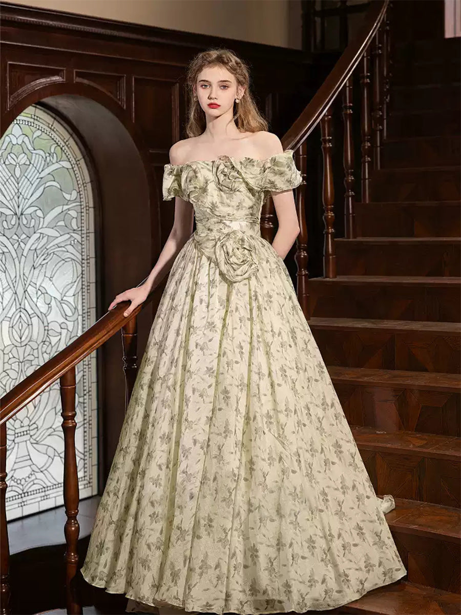Ball Gown Off-the-shoulder Floor-Length Printed Floral Pleated Prom Dresses with 3D Flowers & Ruffles