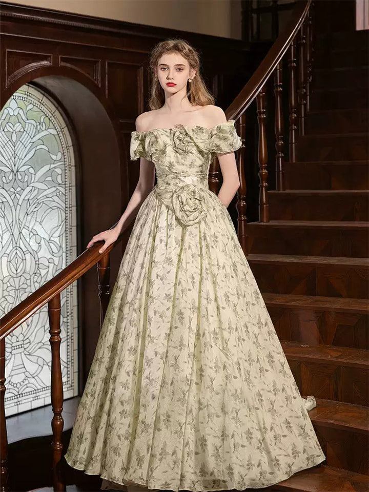 Ball Gown Off-the-shoulder Floor-Length Printed Floral Pleated Prom Dresses with 3D Flowers & Ruffles