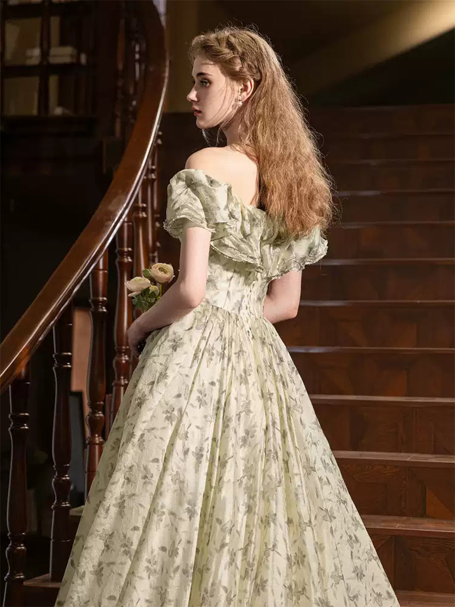 Ball Gown Off-the-shoulder Floor-Length Printed Floral Pleated Prom Dresses with 3D Flowers & Ruffles