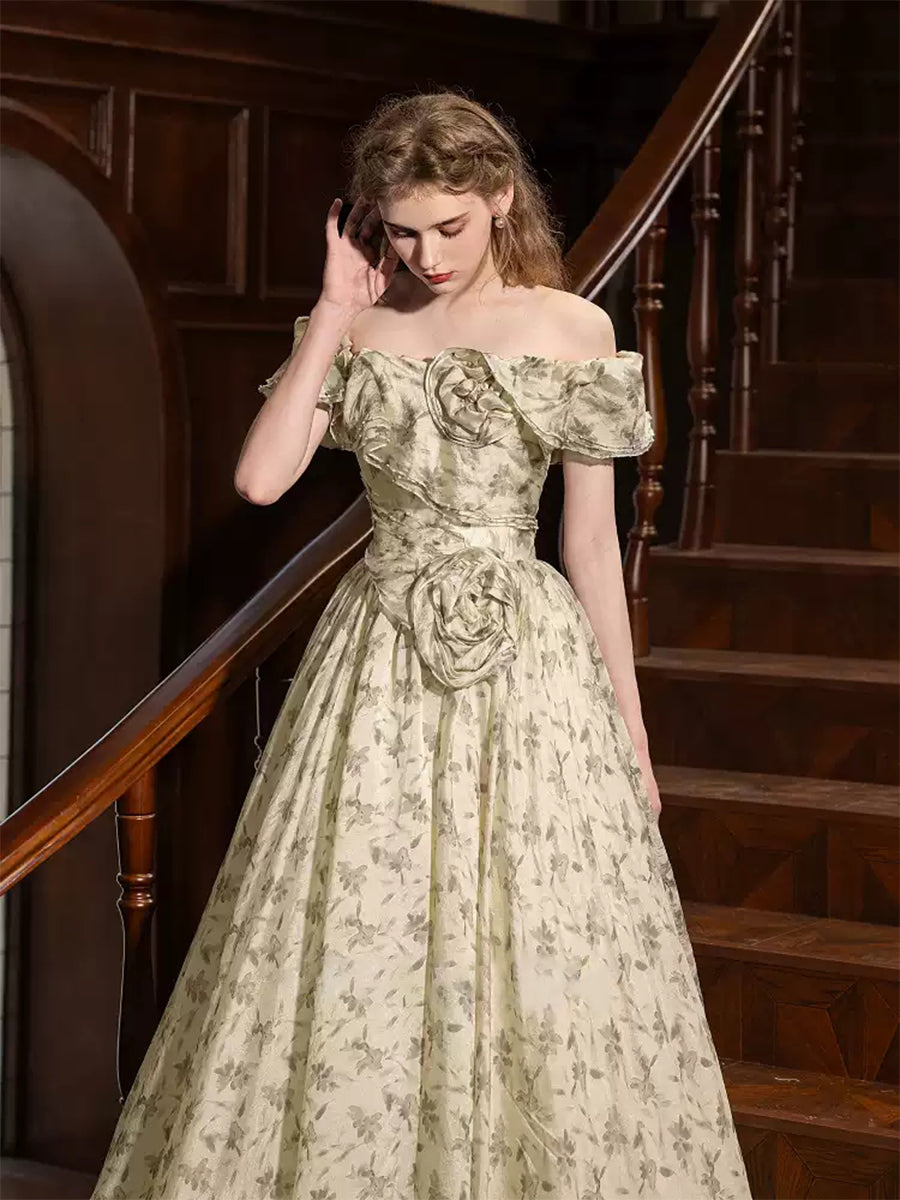 Ball Gown Off-the-shoulder Floor-Length Printed Floral Pleated Prom Dresses with 3D Flowers & Ruffles