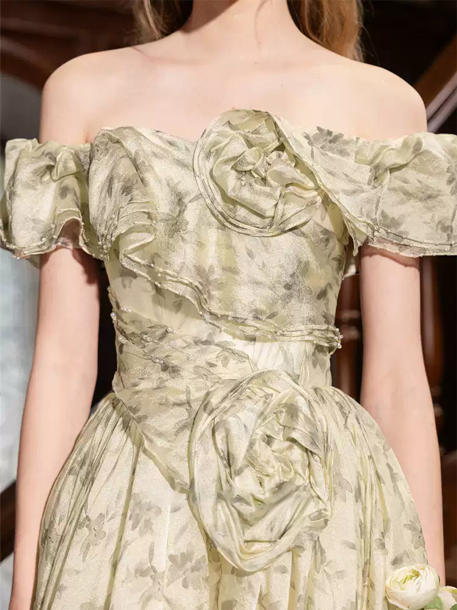 Ball Gown Off-the-shoulder Floor-Length Printed Floral Pleated Prom Dresses with 3D Flowers & Ruffles