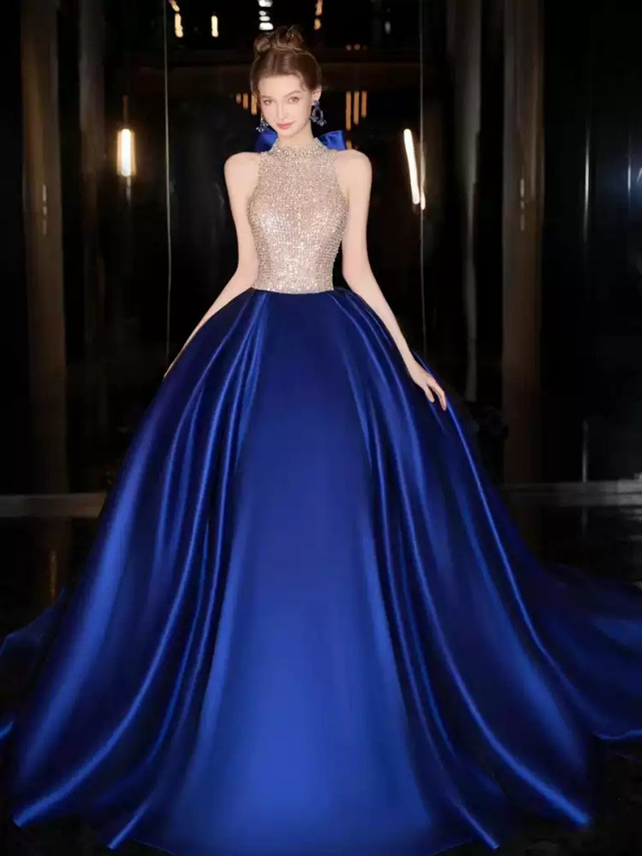 Ball Gown High Neck Sleeveless Prom Dresses with Crystals & Tulle & Bow