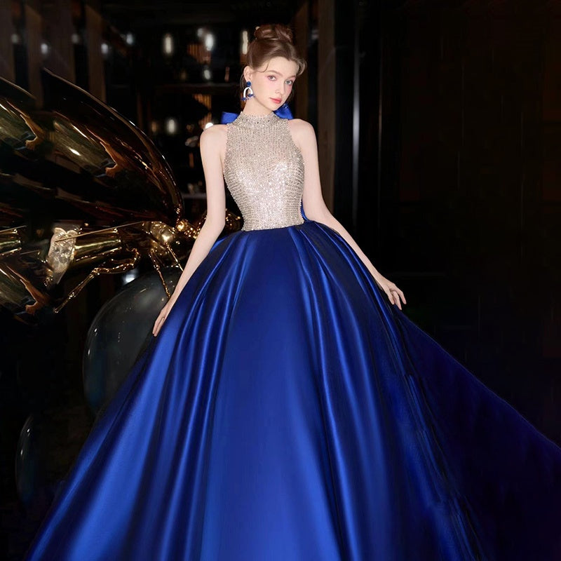 Ball Gown High Neck Sleeveless Prom Dresses with Crystals & Tulle & Bow