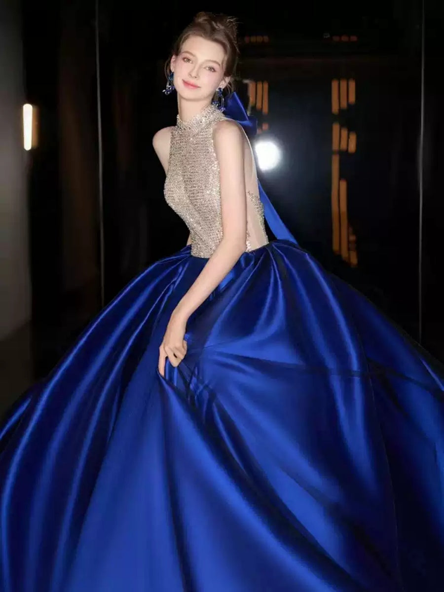 Ball Gown High Neck Sleeveless Prom Dresses with Crystals & Tulle & Bow