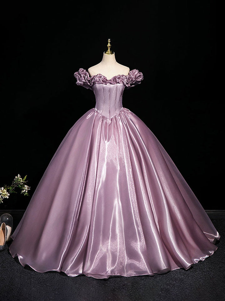 Ball Gown Off-the-shoulder Ruffled Sleeves Floor-Length Pleated Prom Dresses with Pearls & Lace-up