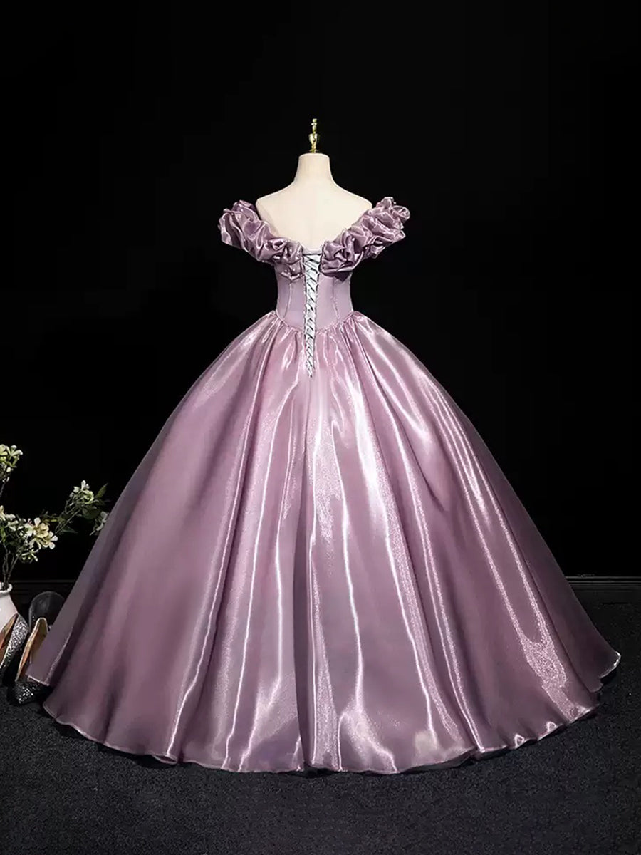 Ball Gown Off-the-shoulder Ruffled Sleeves Floor-Length Pleated Prom Dresses with Pearls & Lace-up