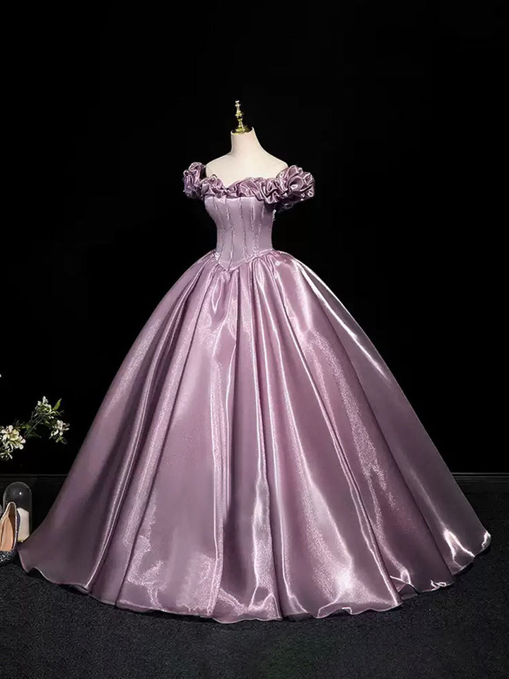 Ball Gown Off-the-shoulder Ruffled Sleeves Floor-Length Pleated Prom Dresses with Pearls & Lace-up