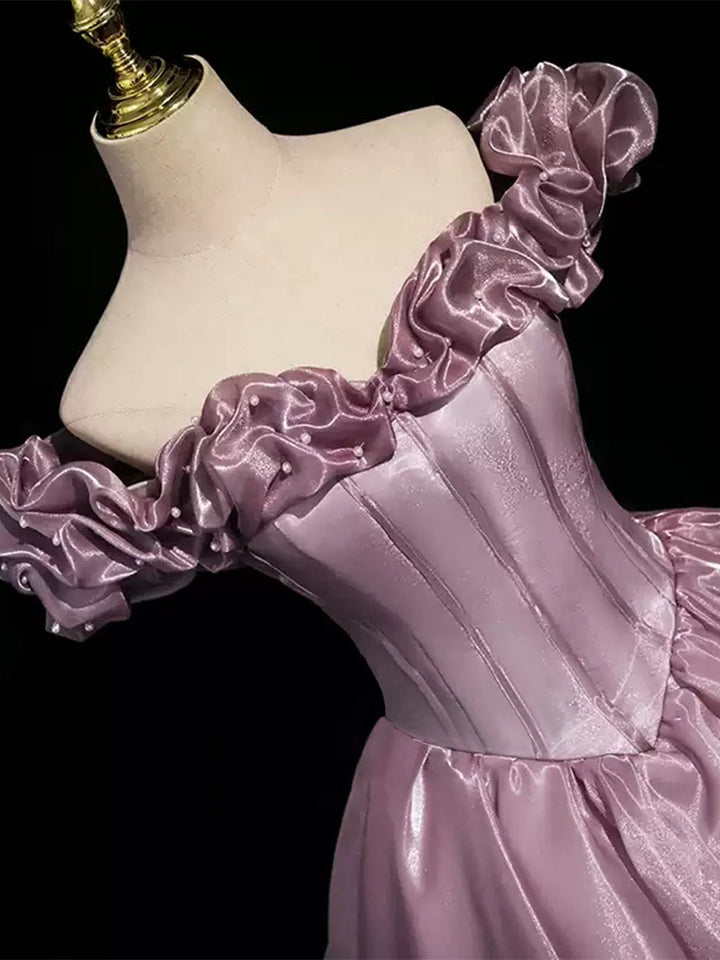 Ball Gown Off-the-shoulder Ruffled Sleeves Floor-Length Pleated Prom Dresses with Pearls & Lace-up