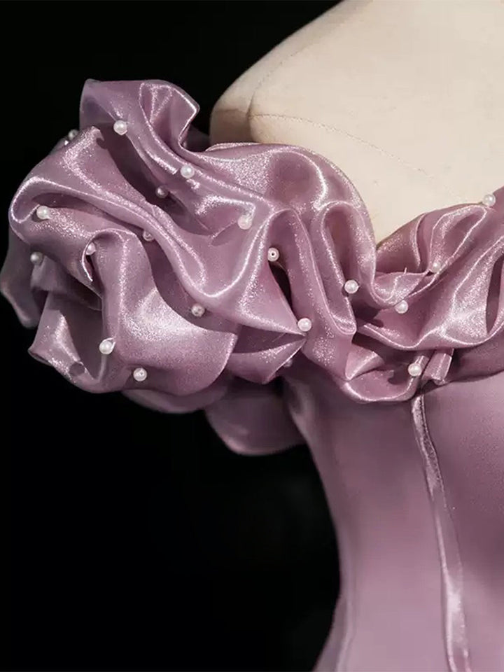 Ball Gown Off-the-shoulder Ruffled Sleeves Floor-Length Pleated Prom Dresses with Pearls & Lace-up