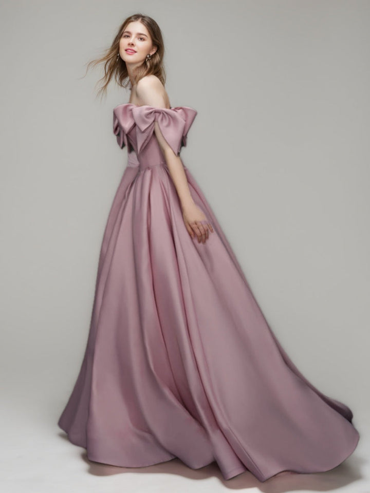 Ball Gown Off-the-shoulder Floor-Length Pleated Prom Dresses with Bows
