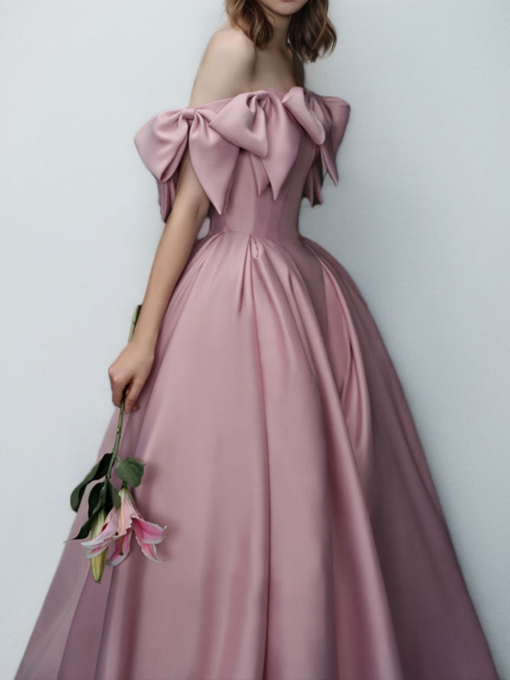 Ball Gown Off-the-shoulder Floor-Length Pleated Prom Dresses with Bows