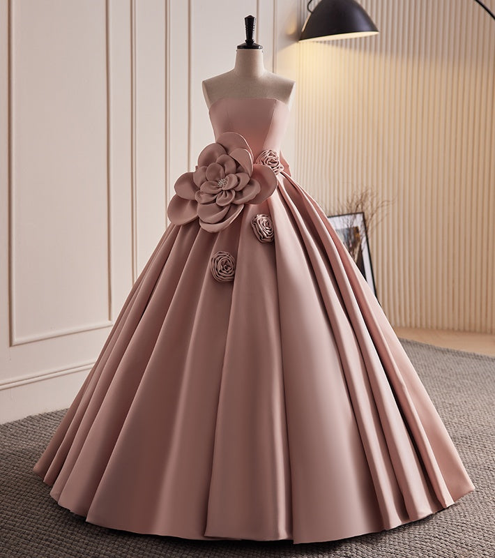 Ball Gown Off-the-shoulder Pleated Prom Dresses with 3D Flowers & Lace-up & Bow & Pearls