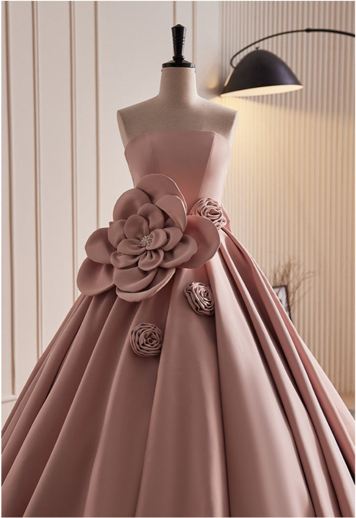 Ball Gown Off-the-shoulder Pleated Prom Dresses with 3D Flowers & Lace-up & Bow & Pearls