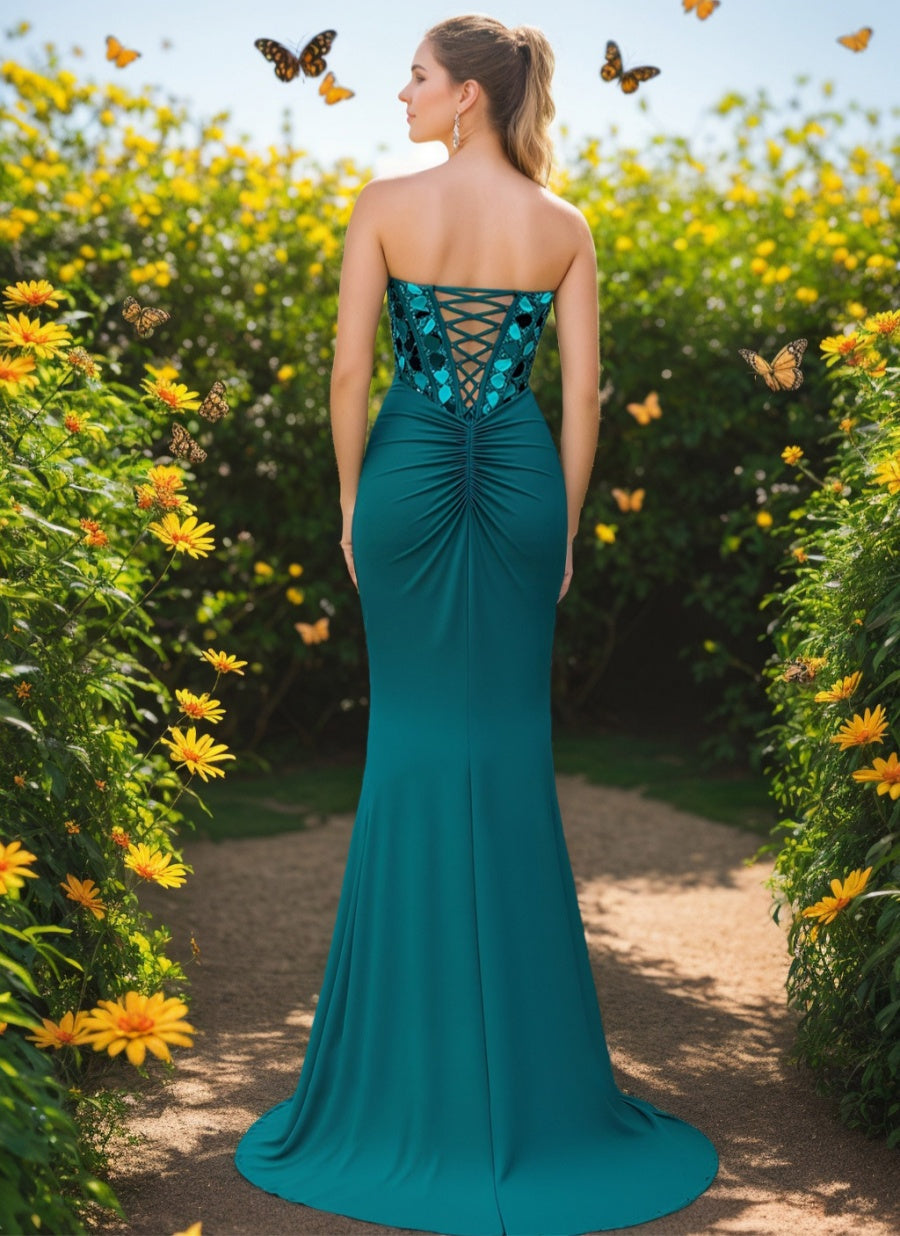 Trumpet/Mermaid Sweetheart Ruched Prom Dresses with Beading Sequins & Lace-up & Slit