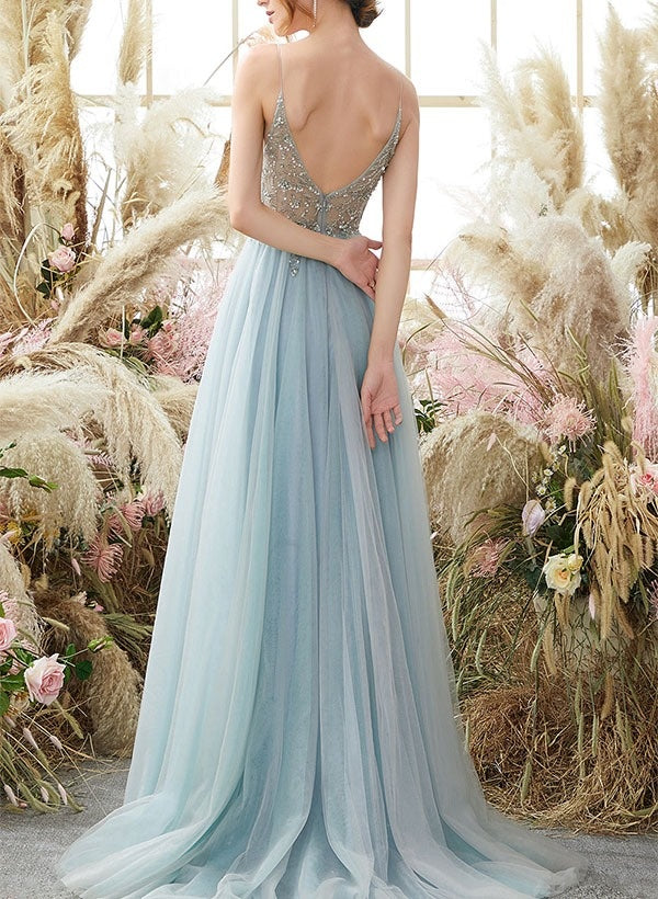A-line/Princess Sexy Spaghetti Straps Sleeveless Prom Dresses with High Split & Appliques