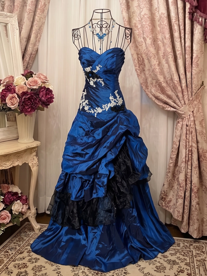 A-Line/Princess Sweetheart Sleeveless Floor-Length Taffeta Lace Prom Dresses with Ruffles &amp; Appliques