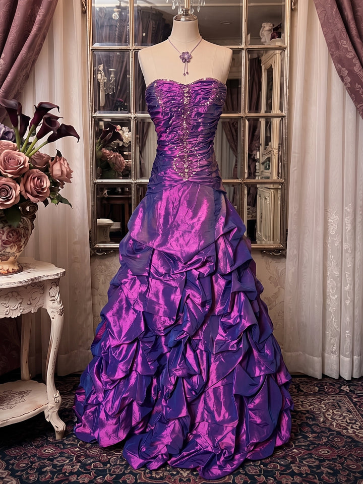 A-Line/Princess Sweetheart Sleeveless Floor-Length Taffeta Prom Dresses with Ruffles &amp; Sequins