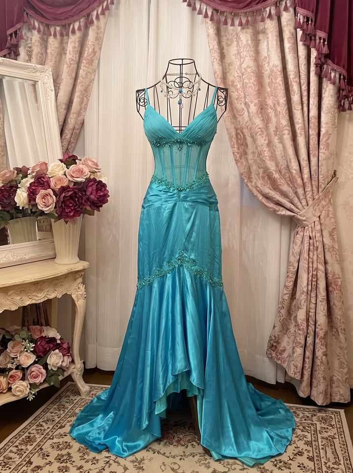 A-Line/Princess V-Neck Spaghetti Straps Sleeveless Asymmetrical Taffeta Prom Dresses with Ruffles &amp; Sequins