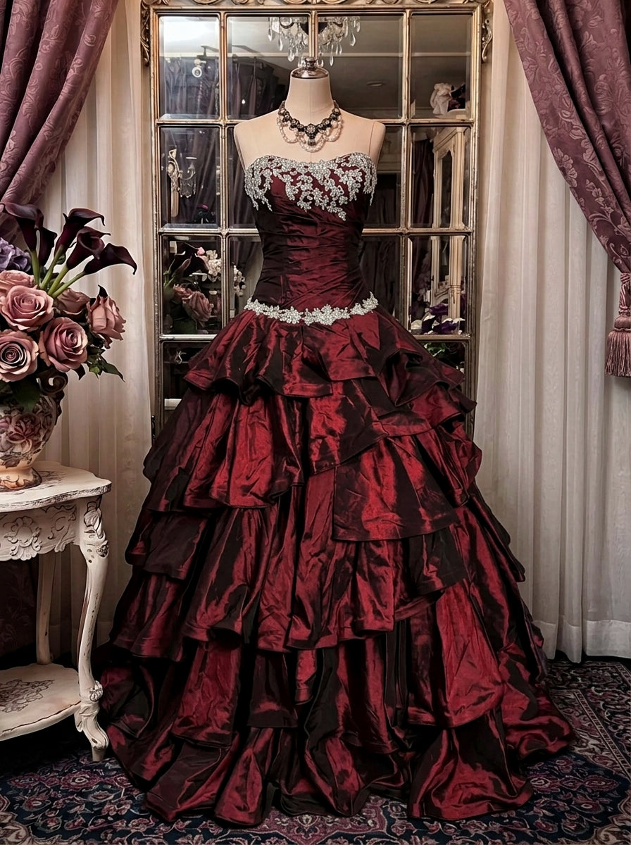 Ball Gown Strapless Neck Sleeveless Floor-Length Taffeta Prom Dresses with Ruffles &amp; Appliques
