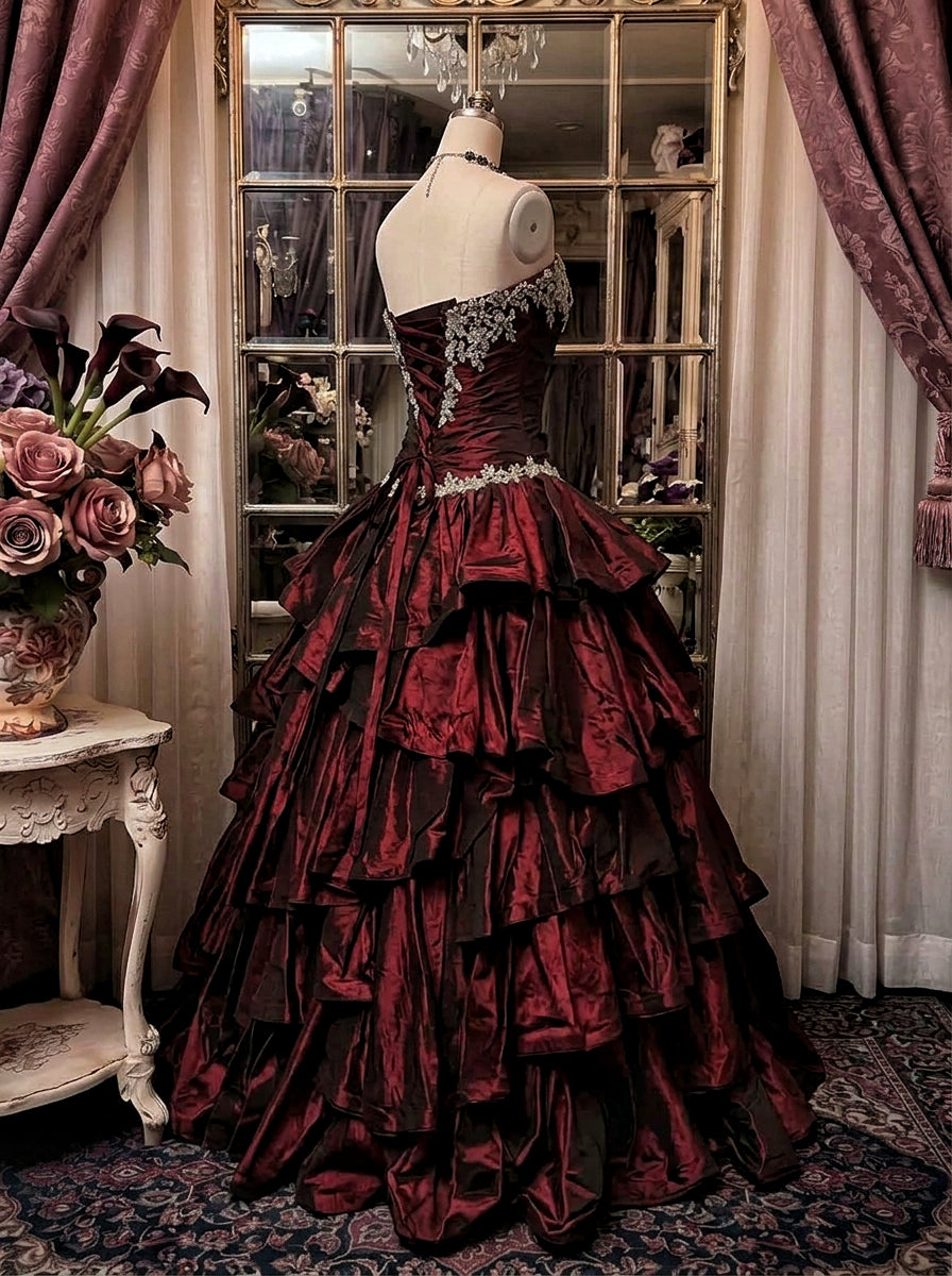 Ball Gown Strapless Neck Sleeveless Floor-Length Taffeta Prom Dresses with Ruffles &amp; Appliques
