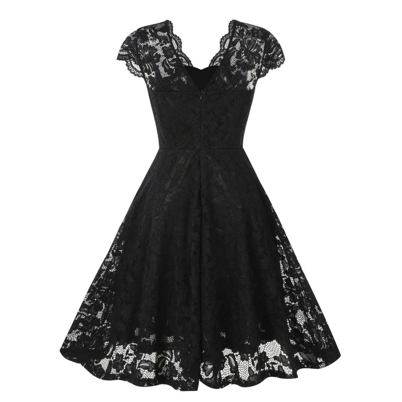 A-Line/Princess 1950s V-Neck Short Sleeves Vintage Dresses with Lace Appliques