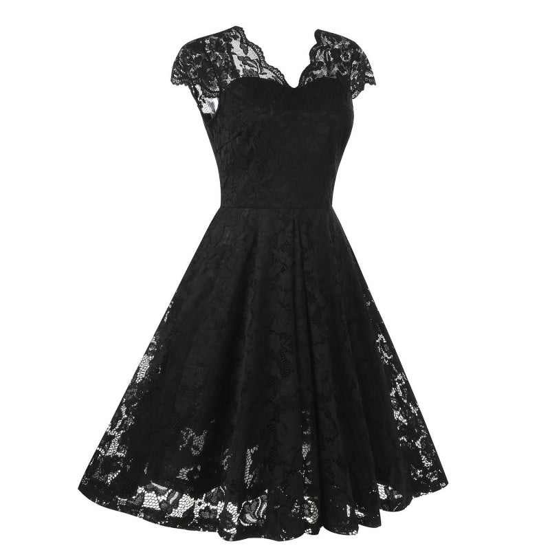 A-Line/Princess 1950s V-Neck Short Sleeves Vintage Dresses with Lace Appliques