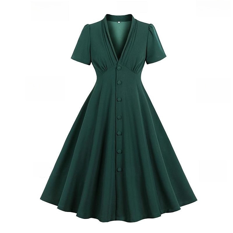 A-Line/Princess 1950s V-Neck Short Sleeves Ruched Vintage Dresses with Pleats & Bow & Buttons