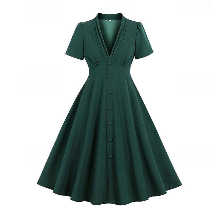 A-Line/Princess 1950s V-Neck Short Sleeves Ruched Vintage Dresses with Pleats & Bow & Buttons
