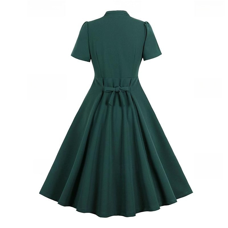 A-Line/Princess 1950s V-Neck Short Sleeves Ruched Vintage Dresses with Pleats & Bow & Buttons