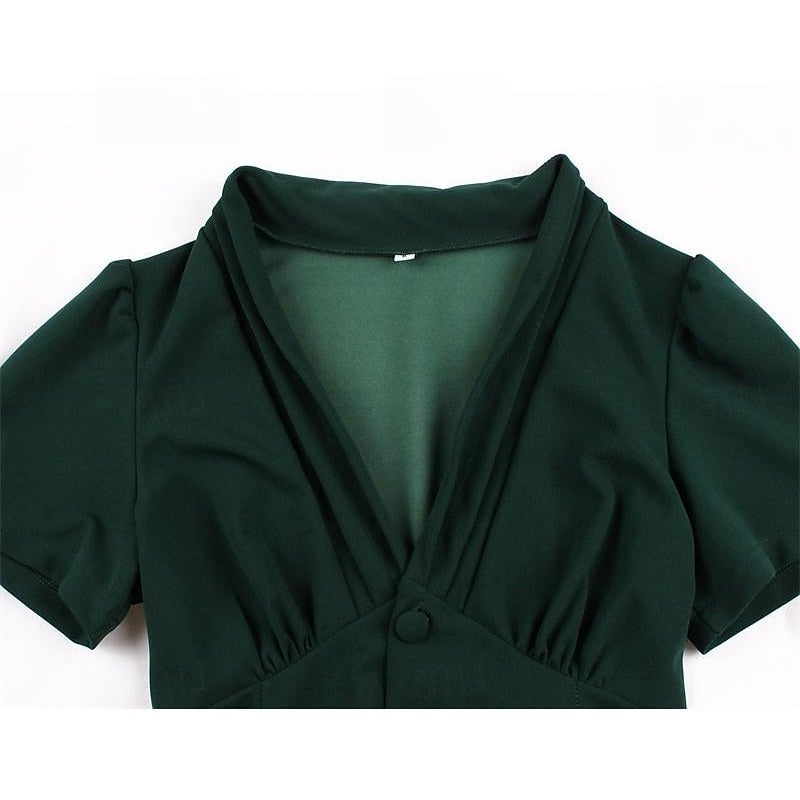 A-Line/Princess 1950s V-Neck Short Sleeves Ruched Vintage Dresses with Pleats & Bow & Buttons