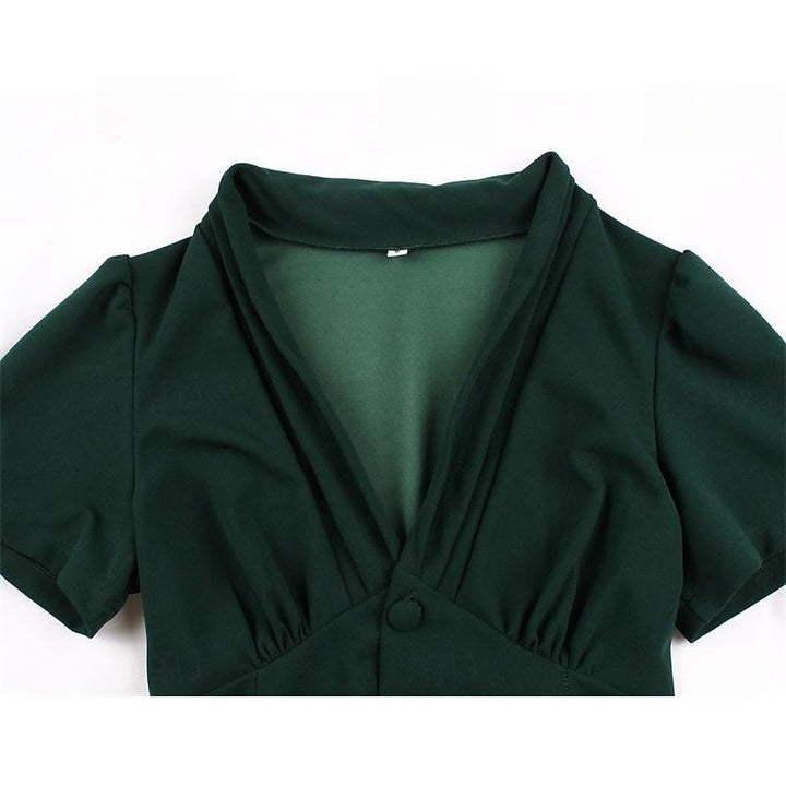 A-Line/Princess 1950s V-Neck Short Sleeves Ruched Vintage Dresses with Pleats & Bow & Buttons