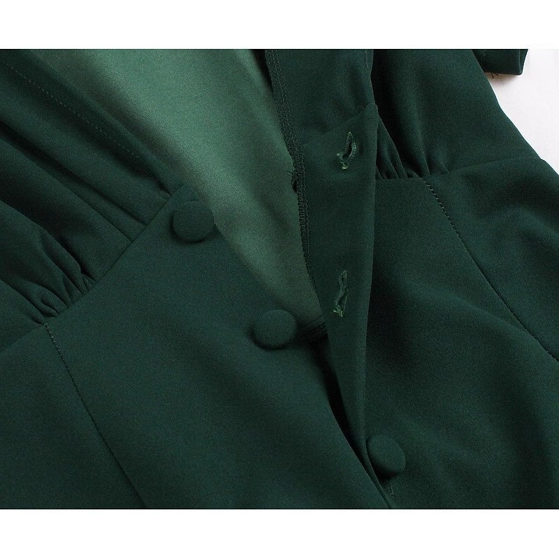 A-Line/Princess 1950s V-Neck Short Sleeves Ruched Vintage Dresses with Pleats & Bow & Buttons