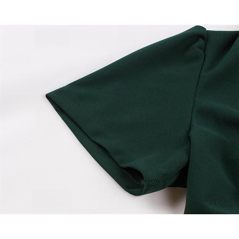 A-Line/Princess 1950s V-Neck Short Sleeves Ruched Vintage Dresses with Pleats & Bow & Buttons