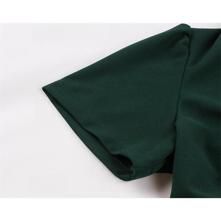 A-Line/Princess 1950s V-Neck Short Sleeves Ruched Vintage Dresses with Pleats & Bow & Buttons