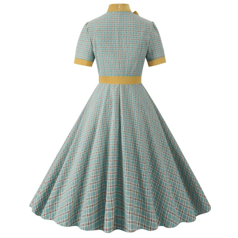 A-Line/Princess 1950s High Neck Short Sleeves Vintage Dresses with Bow & Pocket