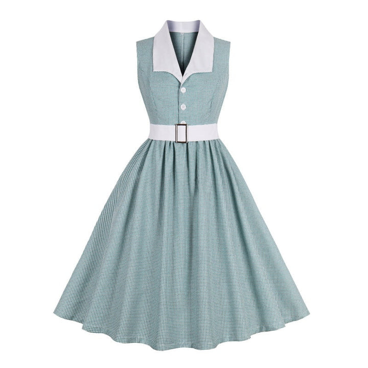A-Line/Princess 1950s V-Neck Sleeveless Pleated Vintage Dresses with Belt & Buttons