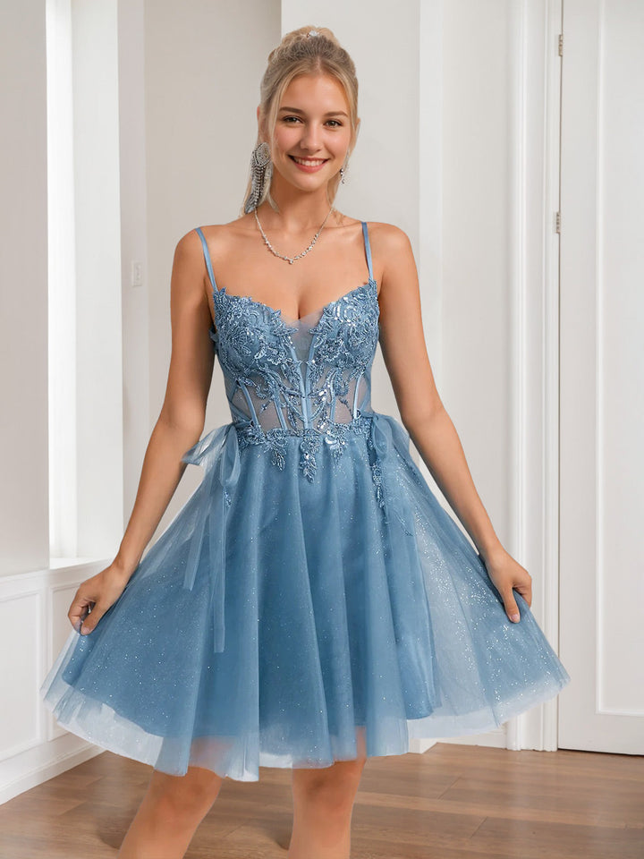 A-Line/Princess V-Neck Sleeveless Pleated Short/Mini Homecoming Dresses with Beads & Sequins & Appliques Lace & Lace-Up & Bows