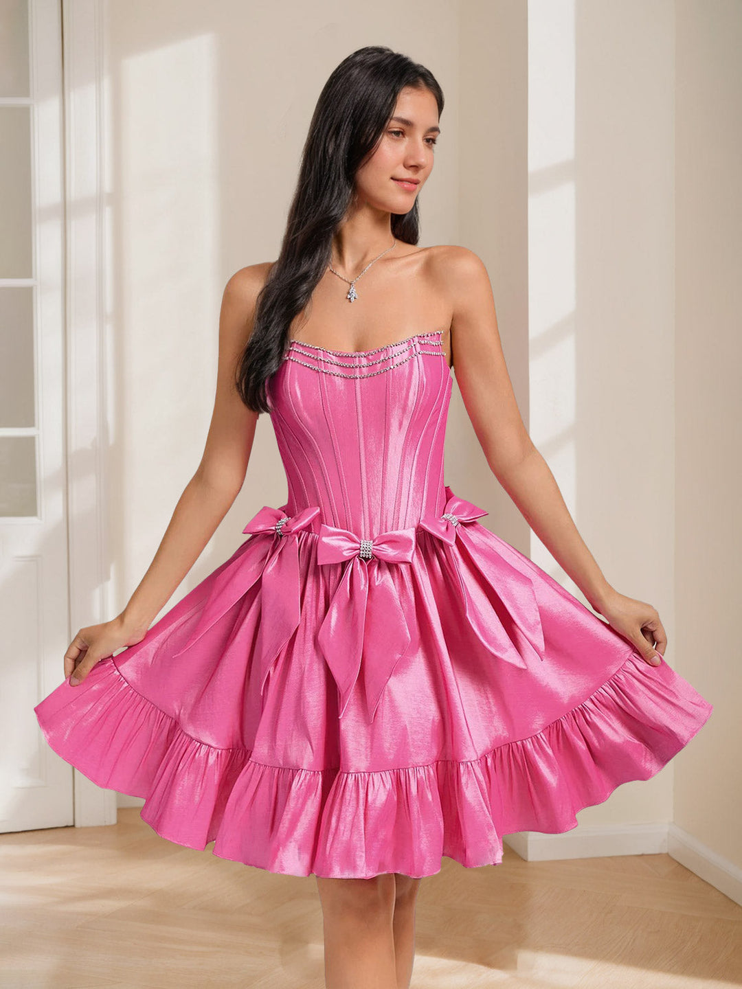 A-Line/Princess Sweetheart Sleeveless Pleated Short/Mini Homecoming Dresses with Bows & Rhinestones
